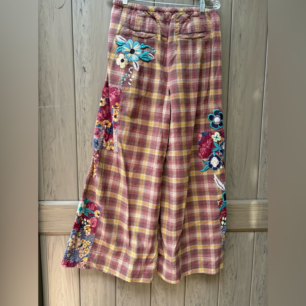 Free People Brooks Embroidered Wide-Leg Patchwork Pants Green Combo - Picture 14 of 15